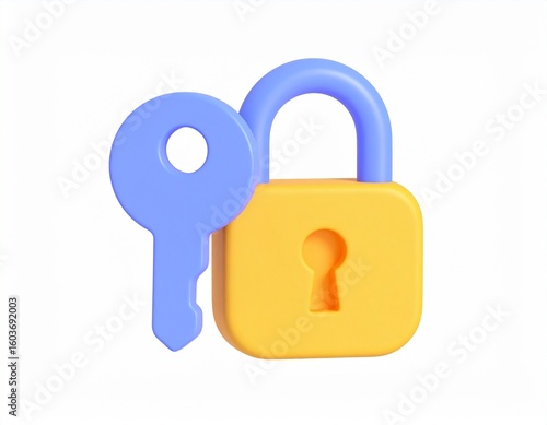 key with padlock 3d rendering isolated on white background cartoon plastic style icon