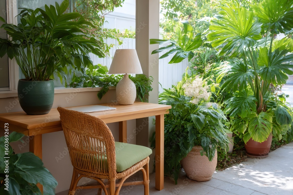 Fototapeta premium Cozy workspace with laptop on wooden table in lush green garden
