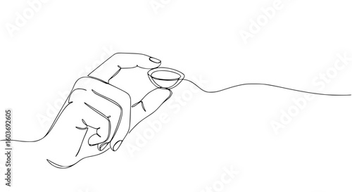 Hand holding a small orthokeratology rigid lens - single line contour vector concept
