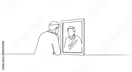 Man looking at his reflection in a simple line outline vector  