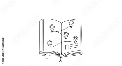 Open book with location markers and lines in one line vector outline, travel guide