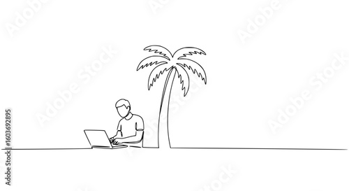 Man working on laptop under palm tree in minimalist line art style  