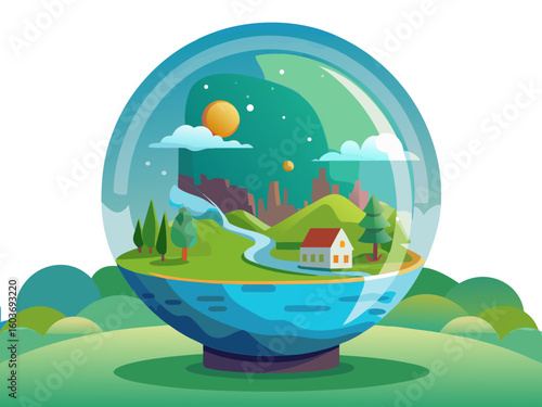 Idyllic landscape inside a glass sphere