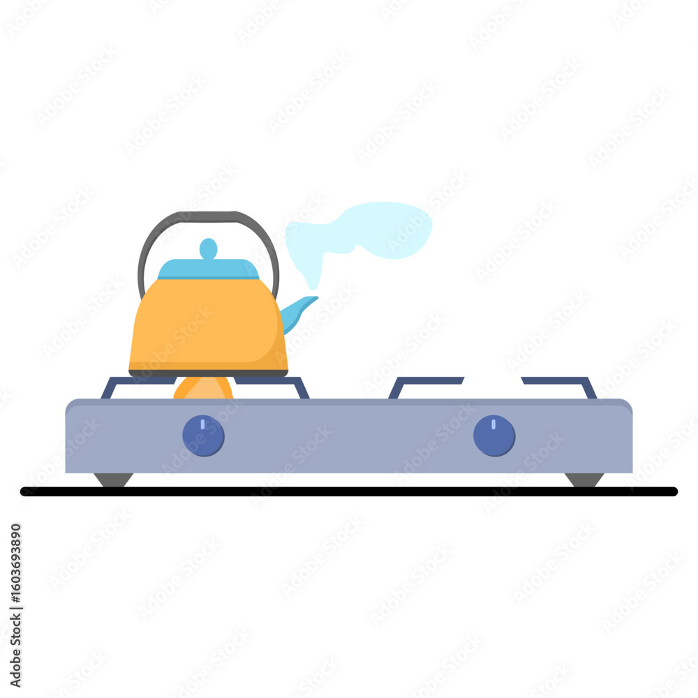 Naklejka premium An illustration of a colorful kettle emitting steam sitting on a two-burner stove on a black countertop, isolated on a white background, suitable for culinary projects.