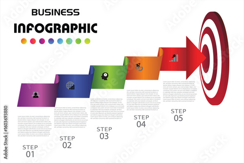  A business infographic illustrating a 5-step growth process with a red arrow pointing to a target, ideal for presentations and data visualization.