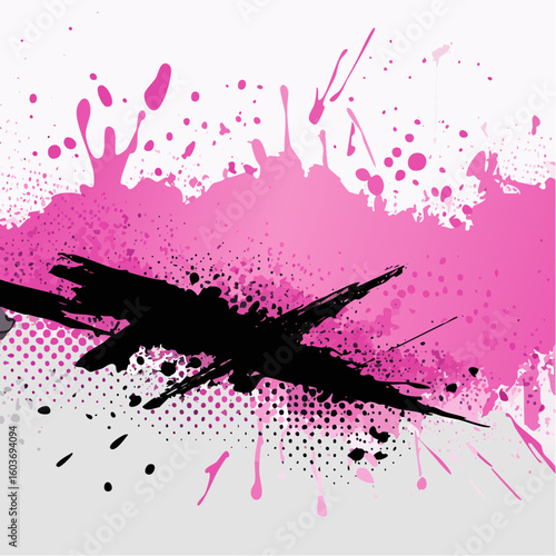 Pink and black colored grunge punk texture background with halftone overlay, paint drops and splashes. 