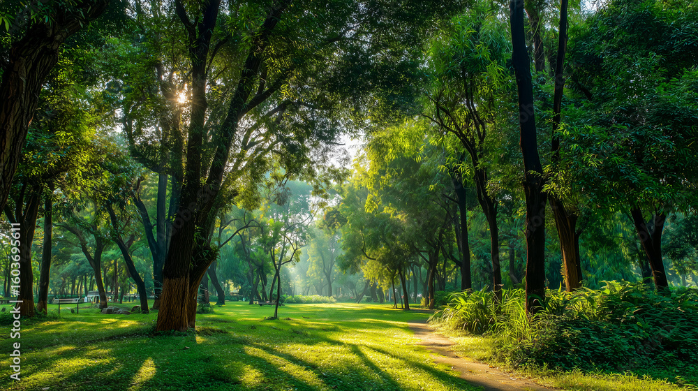 Fototapeta premium Natural greenery and trees in the park, with sunlight filtering through.