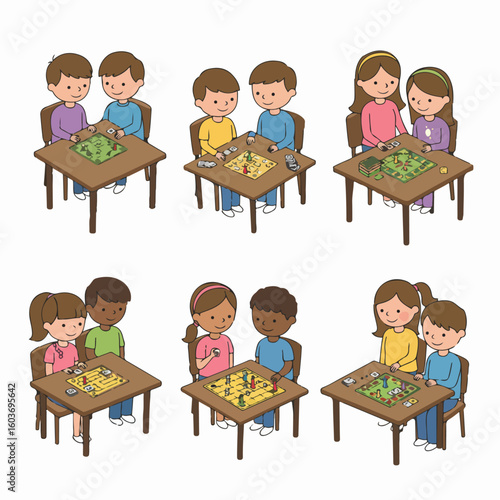 Diverse kids playing board games happily in pairs, illustrating friendship, learning, and fun childhood activities.