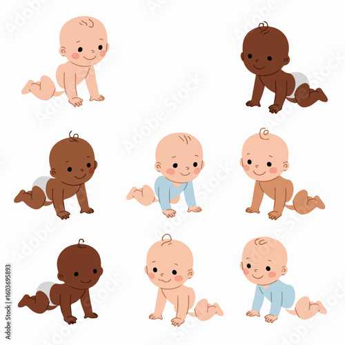 A collection of cute cartoon babies from diverse backgrounds crawling and smiling happily on a white background.