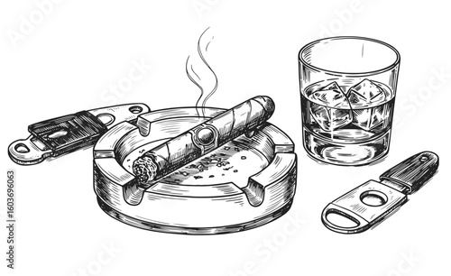 Hand-drawn sketch of whiskey glass with ice, cigar, and cutter resting on a classic ashtray.