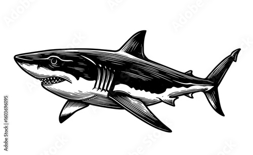 Shark Swimming Sea Creature in Detailed Black and White Outline Line Art Drawing Illustration