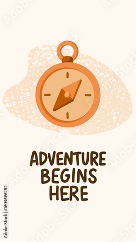 Vector illustration of a compass with the quote Adventure begins here. Hand-drawn style with textured background. Perfect for hiking, travel, and motivational outdoor projects