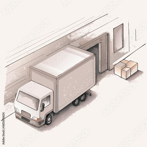 Delivery truck unloading boxes at warehouse loading dock icon  