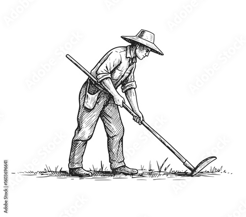 Vintage-style illustration of a farmer holding a shovel and hoe, dressed in overalls and wide-brimmed hat.