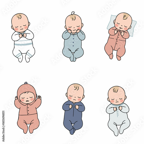 Adorable vector illustration of newborn babies sleeping peacefully in various comfortable positions