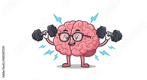 Smart Brain Character Lifting Dumbbells, Exercising,  Pink,  Glasses, Cartoon Illustration