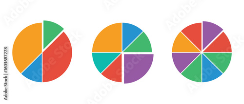 Pie chart icons. Progress sectors pie chart icon. Circle section graph. Vector illustrator