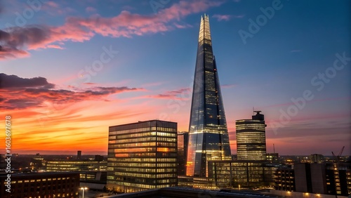 The shard and london skyline at dusk or sunset