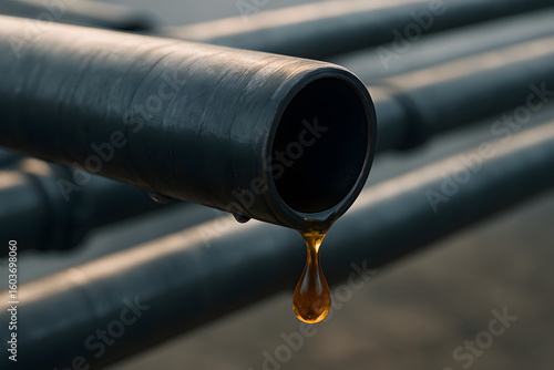 Crude Oil Dripping Moment Oil drop from pipeline close-up, oil pipeline drop, oil pipeline drop Close-up Industrial Energy Flow Oil Transport & Infrastructure Risk