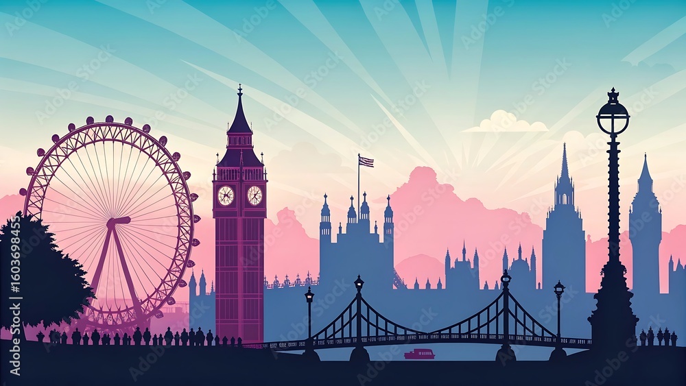 Naklejka premium London skyline with ferris wheel and big ben tower