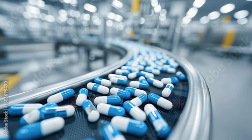 Blue And White Pills On A Curved Conveyor Belt In A Modern Manufacturing Facility