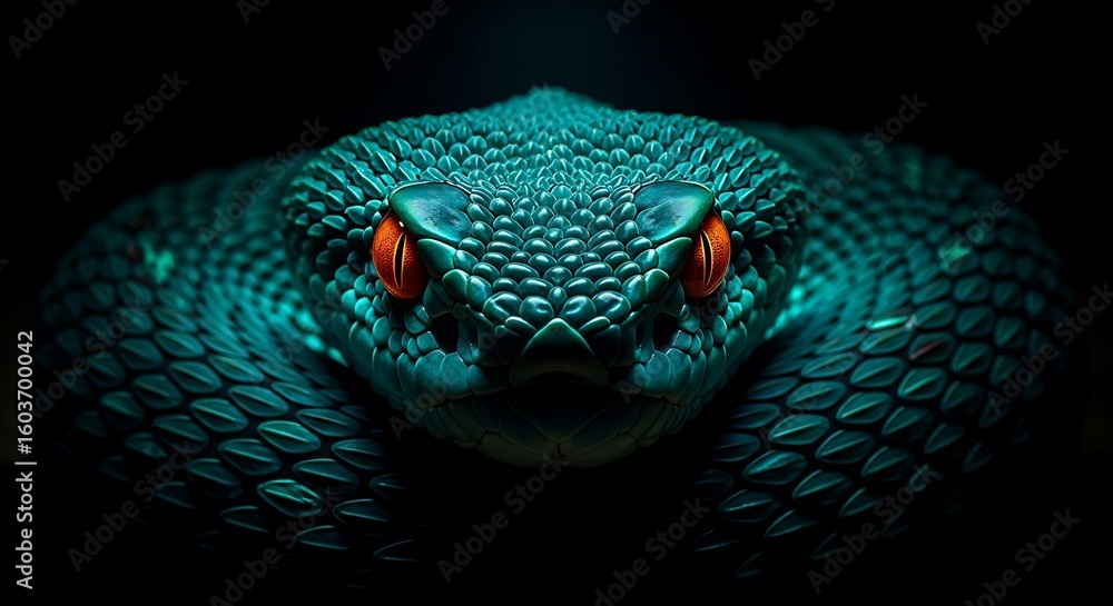 Fototapeta premium Intense close up of a green viper snake with fiery orange eyes