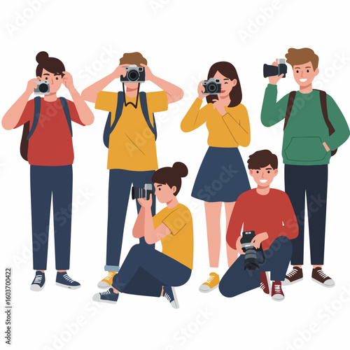 Diverse Group of Young Photographers and Tourists with Cameras, Capturing Memories and Enjoying Their Hobby.