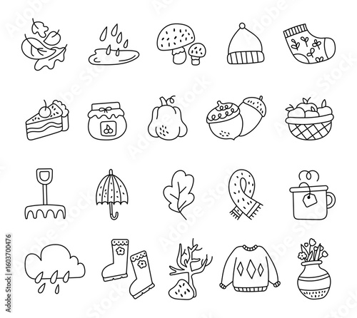 Autumn seasonal set in outline line art nature inspired featuring foliage, food, clothing, tools, weather symbols, plants for your illustration and creative designs projects