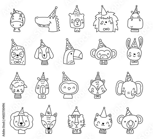 Birthday animal character set in outline line art with funny party hats and adorable animals used for charming celebration illustration and festive decoration for your designs projects