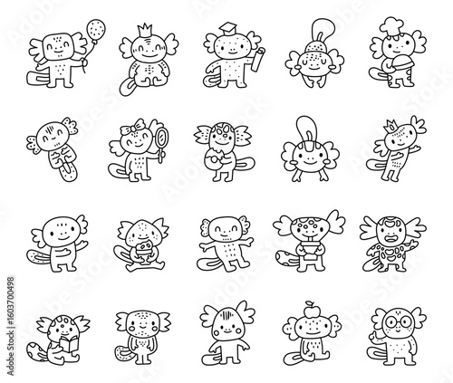 Axolotl character set in outline line art featuring adorable animals with graduation cap, glasses, balloon, book, food, drink, and charming poses for your creative designs projects