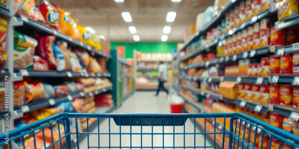 Naklejka premium Front view from a shopping cart in the drinks and alcohol section of a supermarket, with colorful beverage bottles on blurred shelves