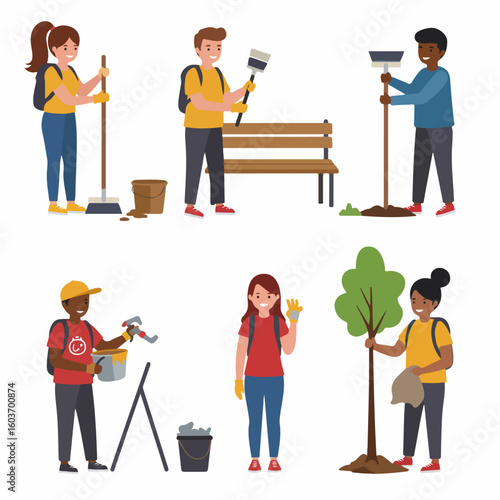 Diverse group of volunteers engaging in various community service activities, including park clean-up, tree planting, and painting, demonstrating teamwork and environmental care.