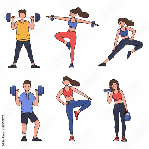 Diverse cartoon characters performing various fitness exercises with barbells, dumbbells, and kettlebells, promoting active workouts and a healthy lifestyle.