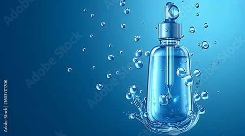 Blue Glass Serum Bottle With Dropper In Water Splash