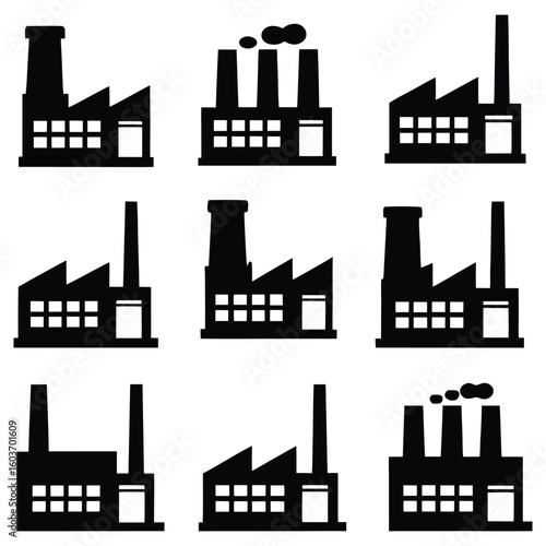 Factory silhouettes for industrial design and manufacturing concepts representing power production