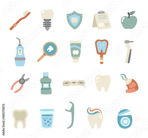 Dental supplies set in cute scandinavian style featuring cartoon of oral care tools and hygiene elements for your medical themed illustration and creative designs projects