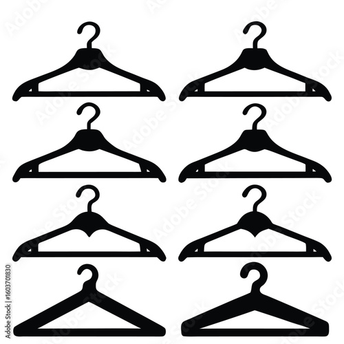Set of simple black clothes hangers for fashion design and apparel, minimalist style, vector