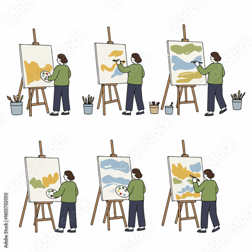 Illustrated sequence of a person painting abstract art on an easel, depicting the creative process of artistic expression and hobby painting.