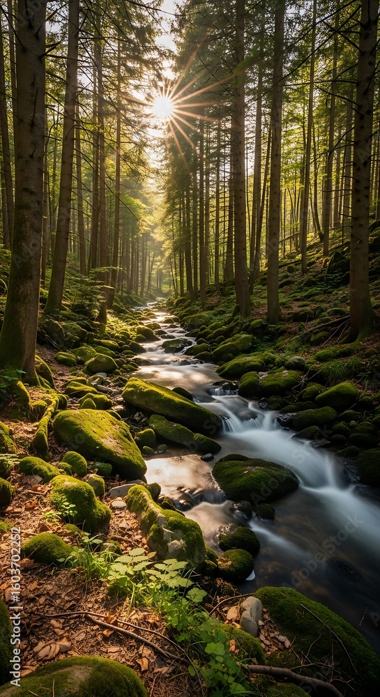 Obraz premium Enchanting Forest Stream: A Serene Journey Through Nature's Woodland Embrace