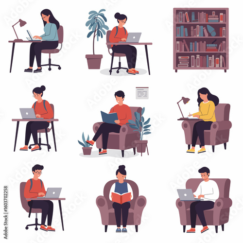 People Working and Studying from Home: A Collection of Illustrations for Remote Work and Online Learning