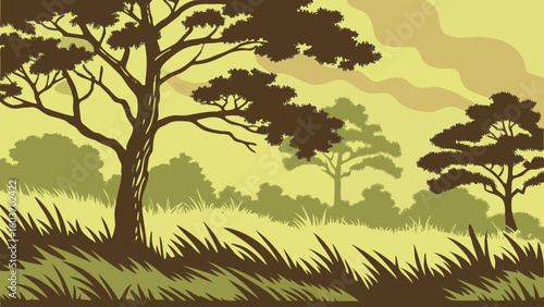 Serene Landscape Illustration with Trees and Tall Grass