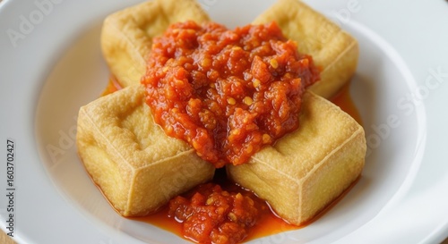 Fried Tofu Cubes with Spicy Tomato Sauce on White Plate