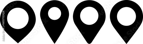 Set of four black location pin icons in different styles. Simple and minimal vector symbols for GPS, maps, navigation, or geolocation interfaces.