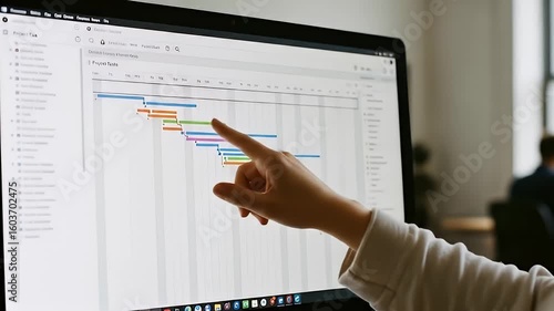 Close-Up Of A Woman's Hand Pointing At Project Management Chart On A Computer Screen In A Modern Office Setting