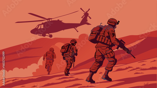 Military Patrol Helicopter Support in Desert Warfare Scene