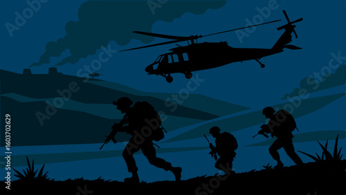 Military Night Patrol Silhouette Soldiers Helicopter Combat Scene