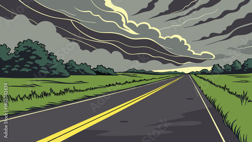 Stormy Road Through Green Fields Under Dramatic Sky