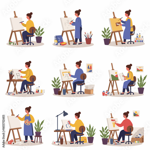 Diverse Female Artists Painting and Drawing: A Collection of Illustrations Showcasing Creative Hobbies, Art Education, and Artistic Expression