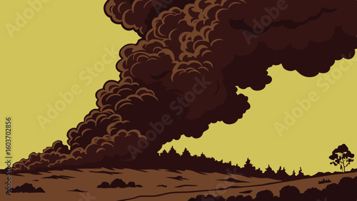 Massive Forest Fire Smoke Rising Over Trees Under Yellow Sky