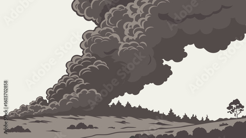 Massive Smoke Plume Over Forest Hills Monochrome Landscape